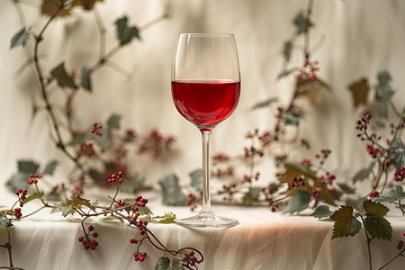 Red wine in a glass on the background of the autumn landscape.