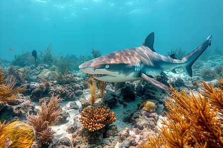 Picture shows a Caribbean reef shark at the bottom of a tropical coral reefの写真素材