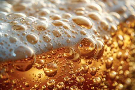 Close up of beer with bubbles. Beer foam. Beer background.