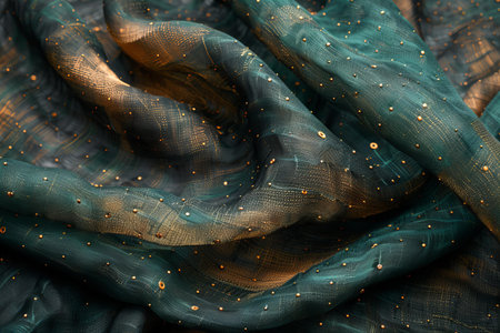 Background texture, pattern. Silk fabric is dark green with gold sequins. Suitable for your design, postcards, posters.の写真素材