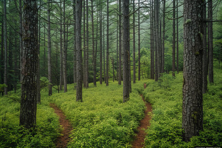 Pine forest with path in the morning, north china.の写真素材