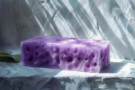 Purple handmade soap on a white background with shadow from a palm leafの写真素材