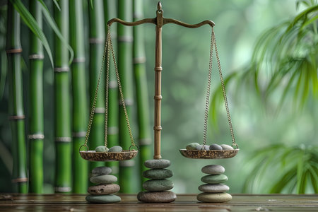 Balance scale and zen stones on wooden table with bamboo background.の写真素材