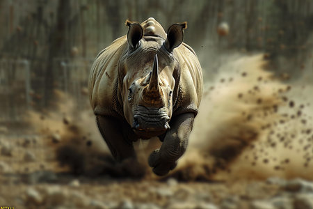 White rhinoceros running in the mud, close-upの写真素材