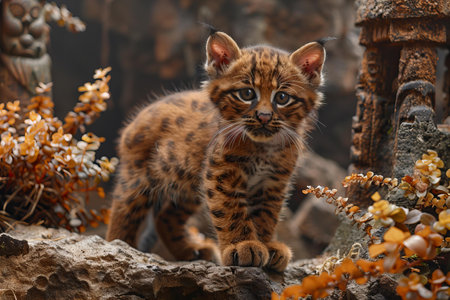 Close-up of a wild cat on a rockの写真素材