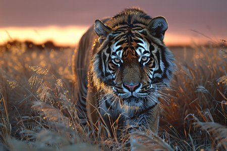 Siberian Tiger in the grassland at sunset. Wildlife scene from nature.の写真素材