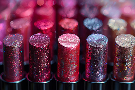 Close up of lipsticks in a row with bokeh backgroundの写真素材