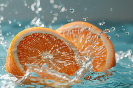 Slices of orange falling into water with splash on blue backgroundの写真素材