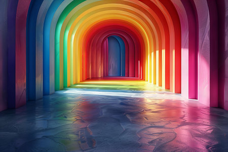 3d rendering of colorful tunnel in empty room with light and shadowの写真素材