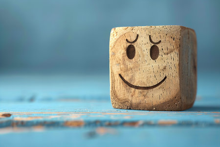 Wooden block with smiley face on blue wooden table background.の写真素材
