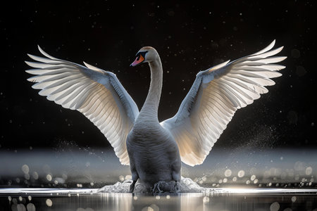 Swan on the lake in the night. 3d rendering.の写真素材