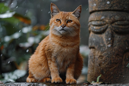 ginger cat sitting in the rain and looking at the camera.の写真素材