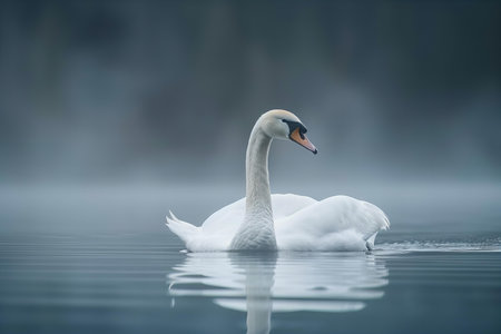 swan on blue lake water in sunny day, swans on pond, nature seriesの写真素材