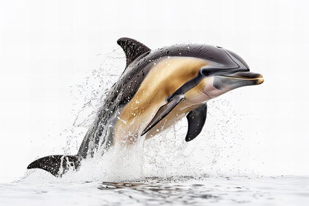 Dolphin jumping out of water with splashes on a white backgroundの写真素材