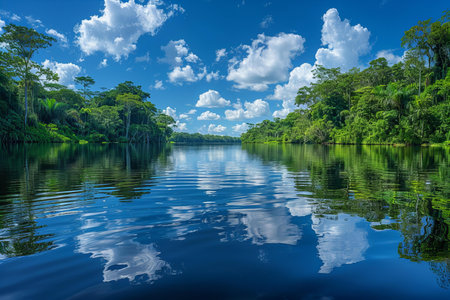 Tropical forest reflected in the lake with blue sky and cloudsの写真素材