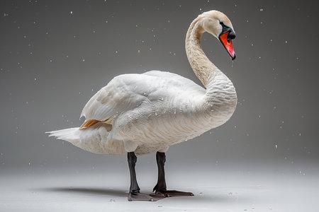 White swan on a gray background with falling snow. The mute swan, Cygnus olor
