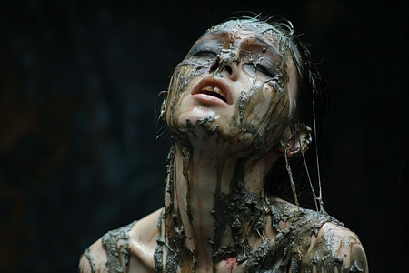 Portrait of a young woman with paint on her faceの写真素材