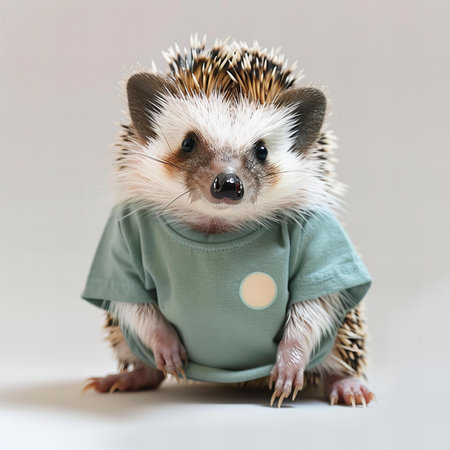 Hedgehog in a green shirt on a gray background. Close-up.の写真素材