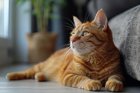 Beautiful red cat lying on the floor in the living room.の写真素材