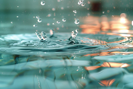 Water drops on a surface of a water surface after a drop of waterの写真素材
