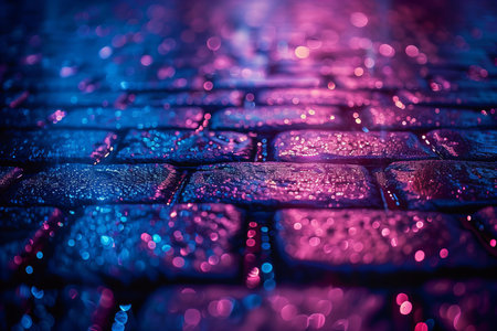 Raindrops on the cobblestone pavement. Abstract blurred background.の写真素材