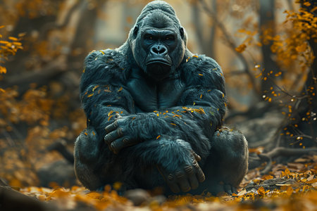 Portrait of a gorilla sitting on the ground in the autumn forestの写真素材