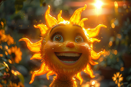 Funny orange smiling sun in the garden at sunset, close upの写真素材
