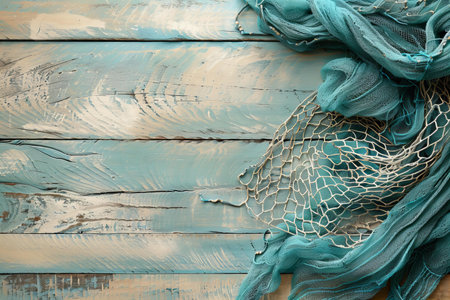 Fishing net on blue wooden background. Top view with copy spaceの写真素材
