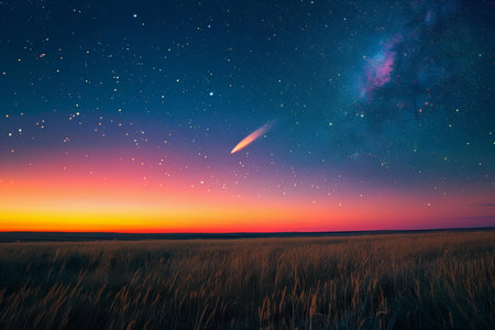 Night sky with stars and milky way over field. Dramatic sky.