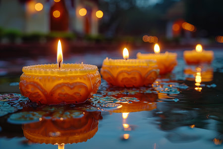 Candle light in the temple with reflection on water,Thailandの写真素材
