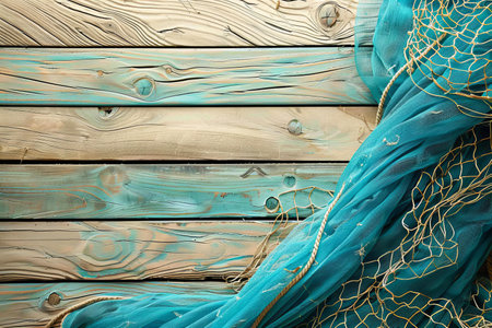 Wooden background with blue silk scarf. Vintage style toned pictureの写真素材