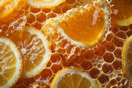 honeycombs with lemons and oranges as background, closeup