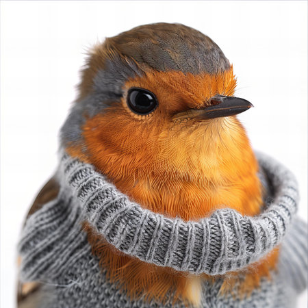 Portrait of a robin in a scarf on a white backgroundの写真素材