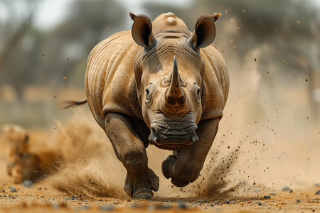 White rhinoceros (Ceratotherium simum) running in mudの写真素材