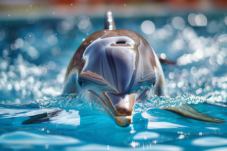 Dolphin in swimming pool, closeup of head and neck.の写真素材