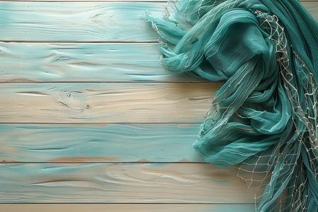 Turquoise shawl on wooden background. Top view.の写真素材