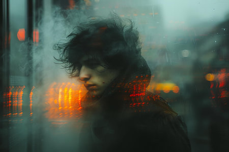 Portrait of a young person in the rain. Selective focus.