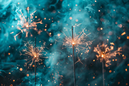 Burning sparklers on dark blue background with bokeh effectの写真素材