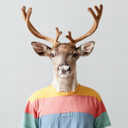 Portrait of a reindeer wearing a colorful t-shirtの写真素材