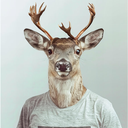 Portrait of a deer with antlers on a gray background.の写真素材