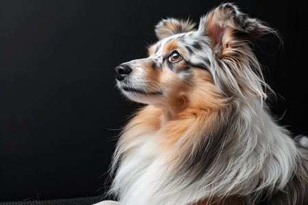 Portrait of a purebred Australian shepherd dog on a black backgroundの写真素材