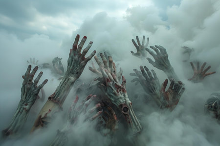 Zombie hands rising out of the mist. Halloween. Horror.の写真素材