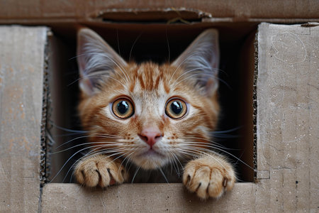 Cute ginger kitten peeking out of an open cardboard box.の写真素材