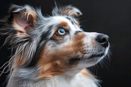 Portrait of a blue-eyed Australian Shepherd on a black backgroundの写真素材