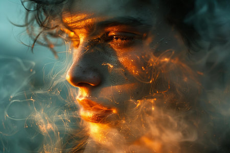 Portrait of a young man with smoke on his face. Fantasy.の写真素材