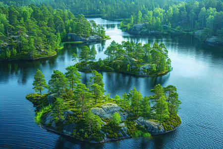Aerial view of beautiful lake with islands.