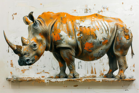 Rhinoceros sculpture on the wall. 3d illustration.の写真素材