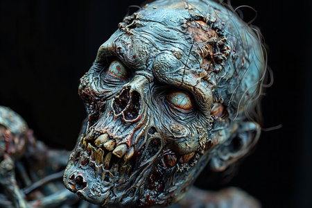 Halloween background. Scary scary zombie head on black background.の写真素材