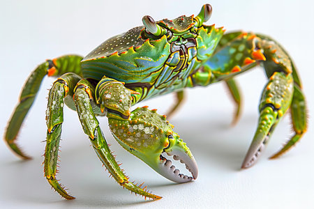 A closeup shot of a green crab on a white background.の写真素材