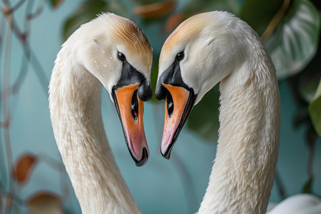 Two white swans on a green background. Close-up.の写真素材